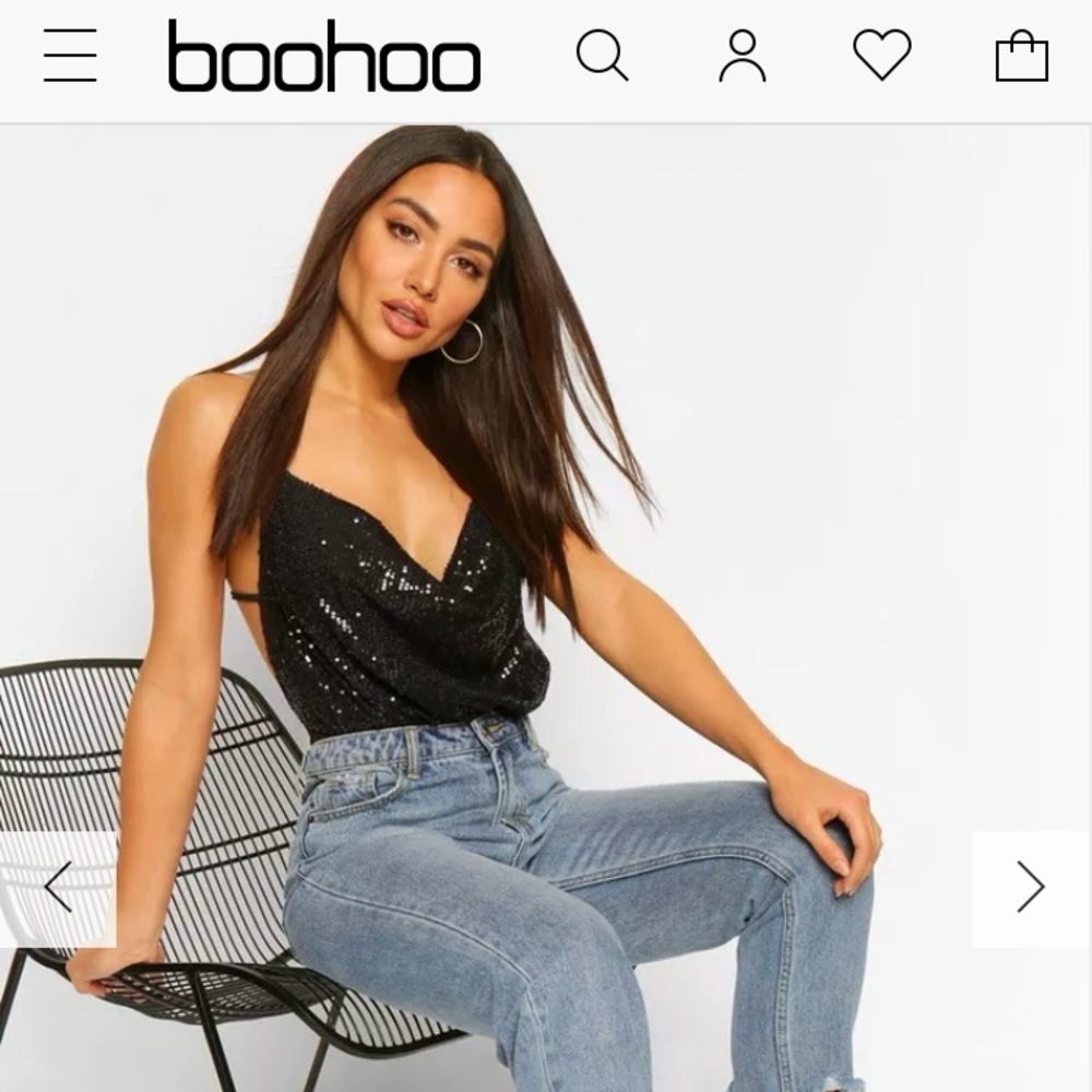 Boohoo sequin black cowl drape neck bodysuit size 8 new with tags medium